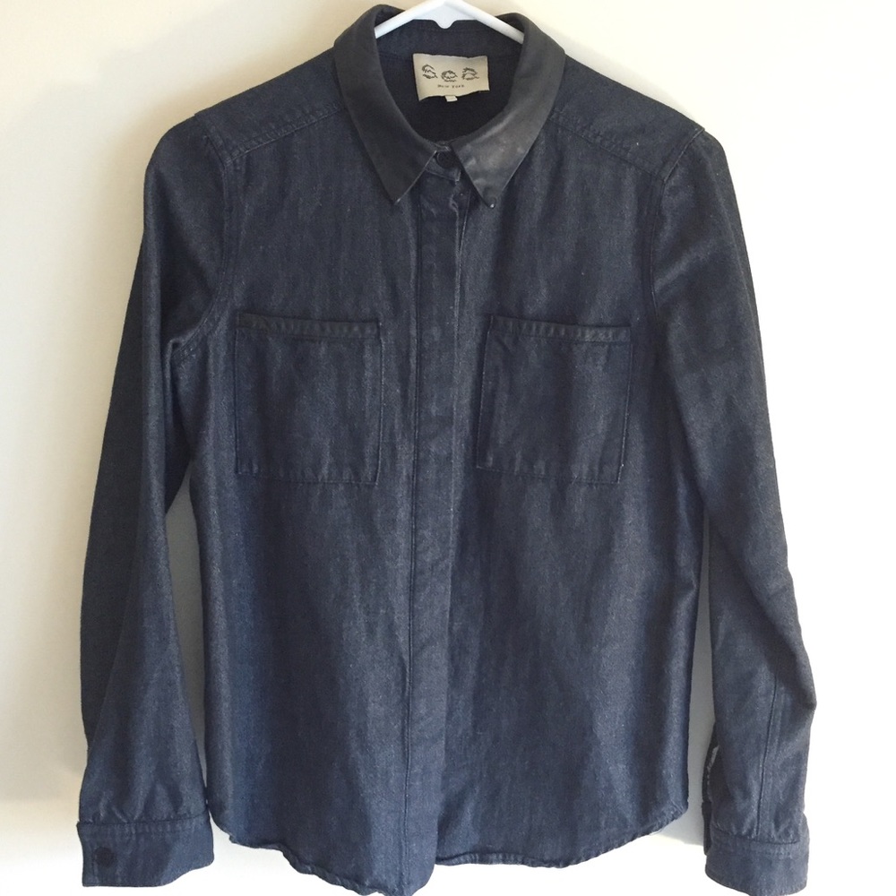 Leather Collar Denim ButtonUp